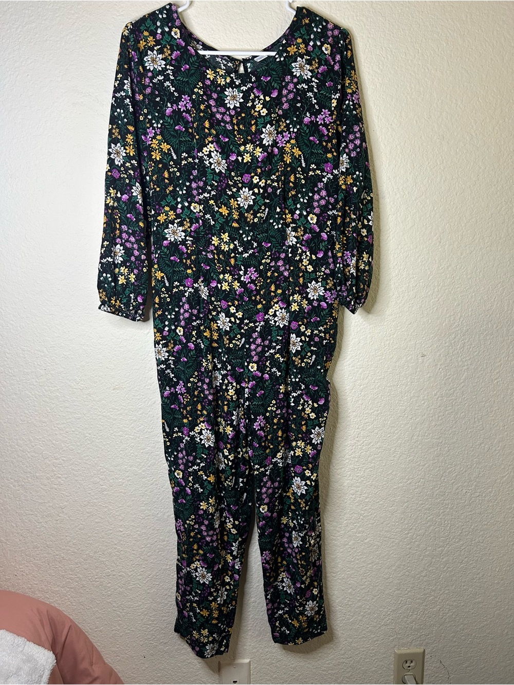 Old Navy Floral Long-Sleeve Jumpsuit Black Purple Spring Festival Medium